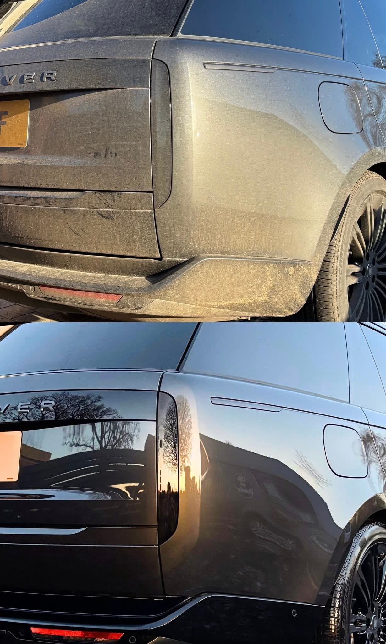 Split image showing the rear side of a black SUV before and after cleaning: the top half is dusty and dirty, while the bottom half is shiny and clean with clear reflections.