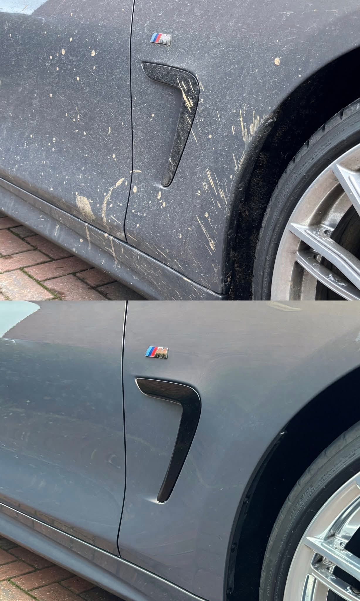Split image showing the side of a dark BMW car: the top half is dirty and covered in mud splatters, while the bottom half is clean with no mud visible.