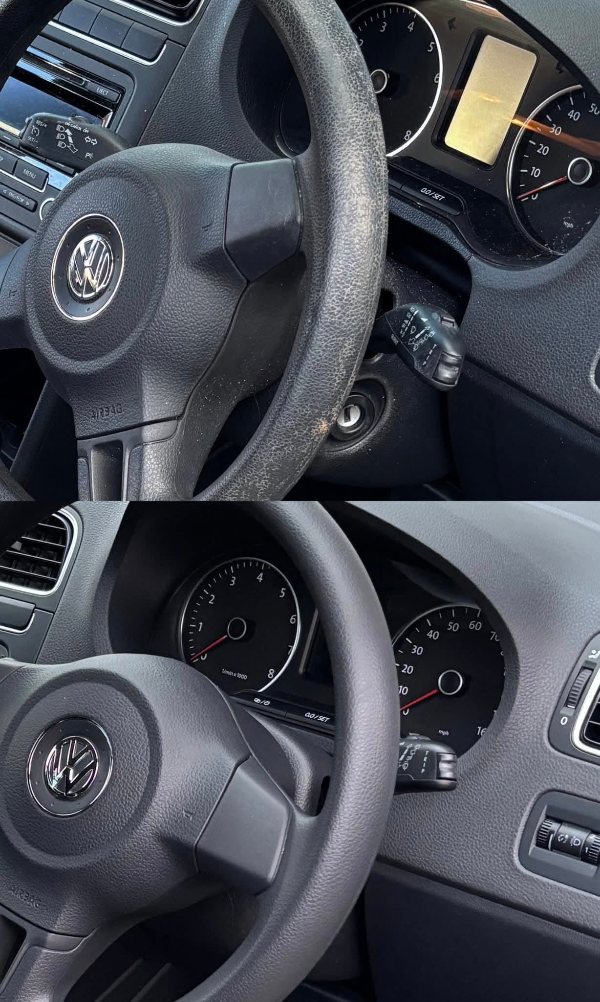 Two side-by-side photos of a Volkswagen car interior: the top shows a worn steering wheel and faded dashboard, while the bottom displays a clean, well-maintained steering wheel and dashboard.