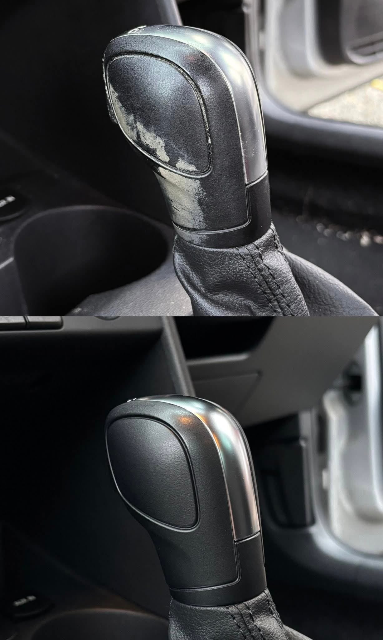Two photos show a car’s gear shift knob: the top image displays the knob with faded, peeling material, while the bottom image shows the same knob restored to a smooth, like-new finish.